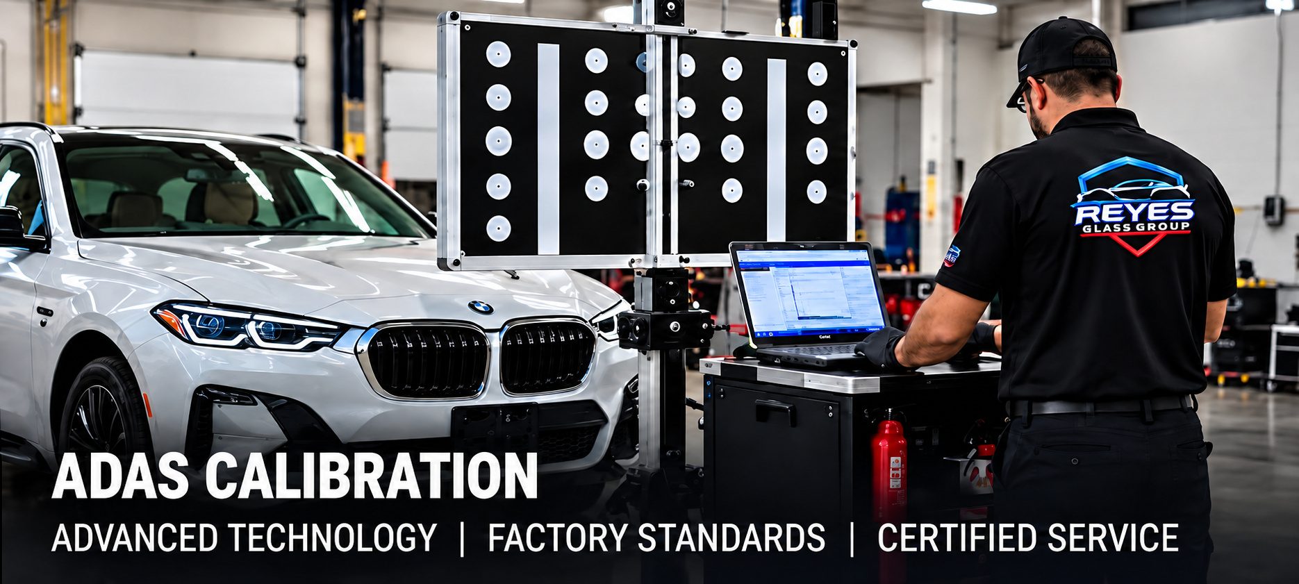 ADAS calibration targets set up in front of a vehicle