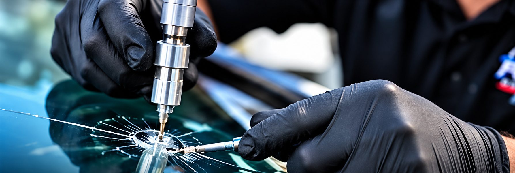 Auto glass repair: Reyes Glass Group technician repairing a windshield chip