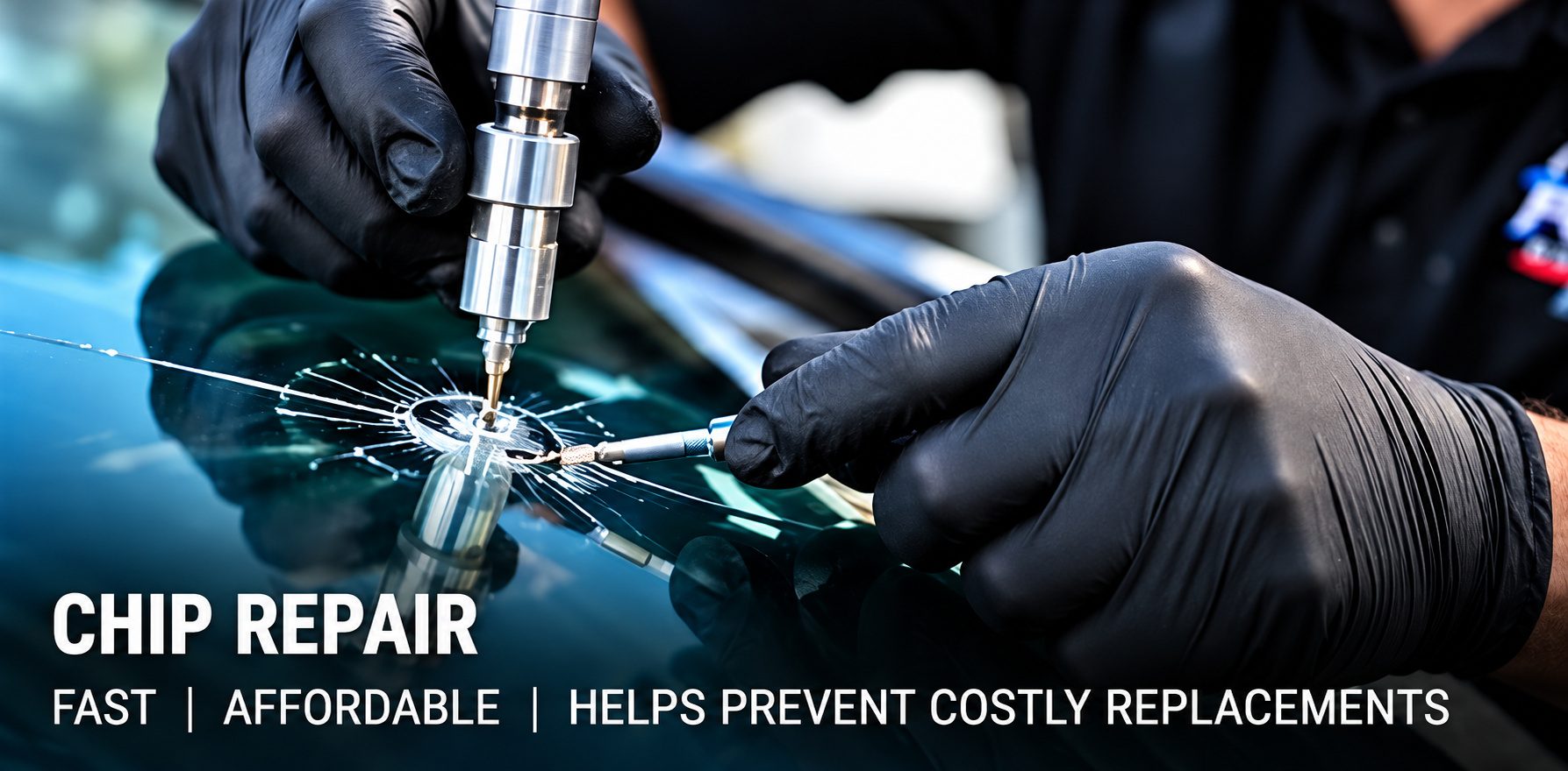 Technician repairing a windshield chip