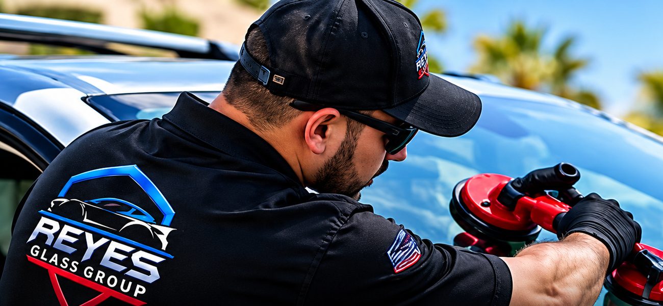 Auto glass safety: Reyes Glass Group technician installing a windshield
